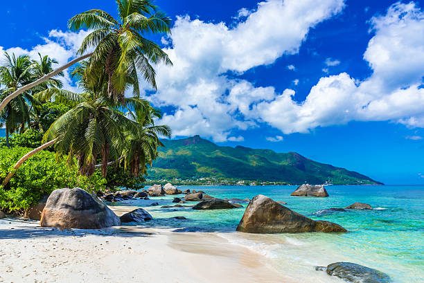 Granite boulder beach with mountain backdrop on Mahe
